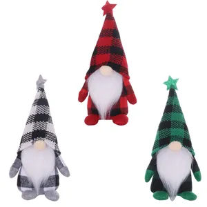 Three-piece Christmas gnomes set with buffalo plaid hats and white plush beards decor