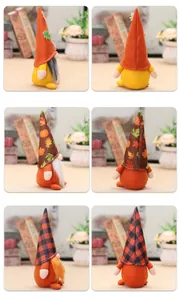 Detailed side and back views of three autumn gnomes with maple leaf and plaid hats