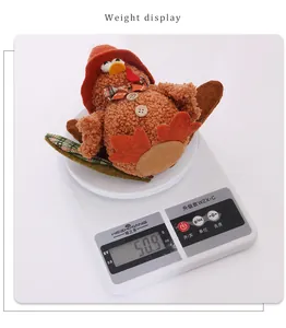 Nahaufnahme des Gewichts von 50,9 g einer Thanksgiving-Truthahn-Plüschpuppe in Braun und Orange