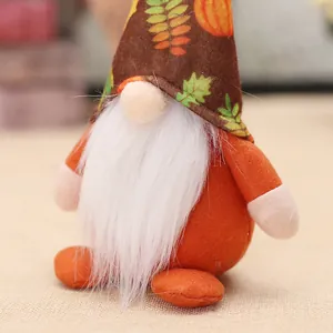 Fall gnome plush decor with pumpkin leaf pattern hat and white beard for Thanksgiving