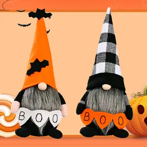Halloween gnome plush set with orange and plaid hats holding BOO flags for home decor