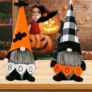 Set of two Halloween gnomes with Boo flags and bat hats for festive home table decoration