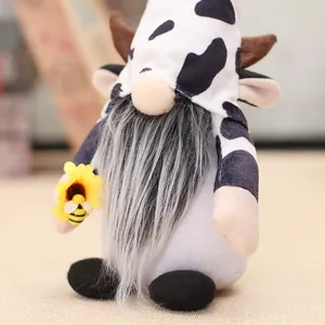 Cow themed plush gnome with sunflower bee accents for festive home window decoration