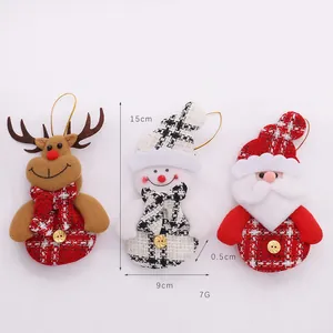 Christmas plush ornaments set with elk, snowman, and Santa Claus in plaid scarf, 15cm