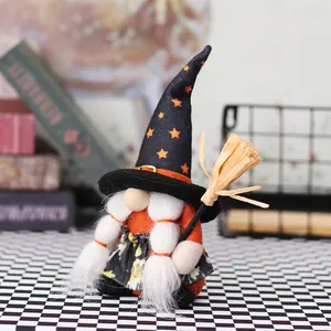 Halloween faceless gnome doll with wizard hat and broom for festive decoration