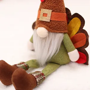 Thanksgiving turkey gnome plush with colorful felt feathers and long plaid legs decoration