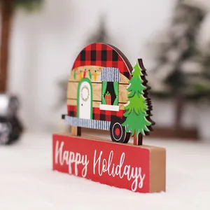 Adorno de mesa navideño de madera caravana a cuadros con texto Happy Holidays y mini árbol