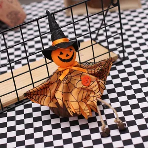 Halloween pumpkin ghost figurine with witch hat and spider web cloak for party decor