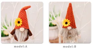 Detail view of two sunflower harvest gnomes showing knitted fabric and plush textures