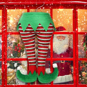 Elf legs hanging ornament with red white stripes and green shoes for Christmas tree decor