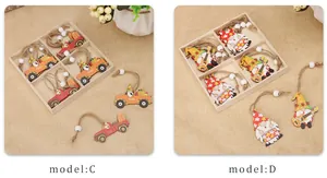 Detail view of harvest gnome wooden pendants in a rustic wooden display box