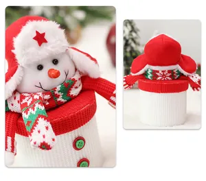 Macro detail of Christmas snowman candy jar with red hat and green decorative buttons