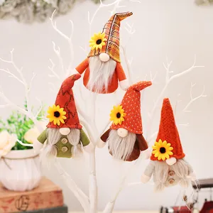 Set of four harvest gnome hanging ornaments with sunflowers for autumn home decor