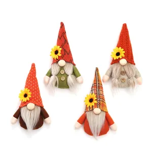 Set of four autumn sunflower gnome plush ornaments for Thanksgiving home window decoration