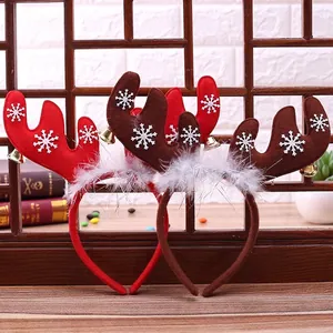 Christmas reindeer antler headband set with red snowflakes, bells and soft feathers