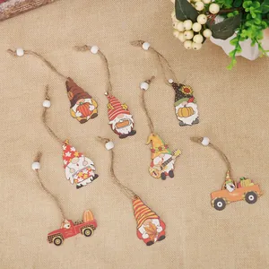 Set of 8 wooden autumn gnomes and truck hanging ornaments for Thanksgiving decor