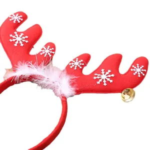 Christmas reindeer antler headband with red snowflake patterns and white feather trim