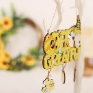 Bee Creative wooden bee festival hanging sign with jute rope and rustic floral details