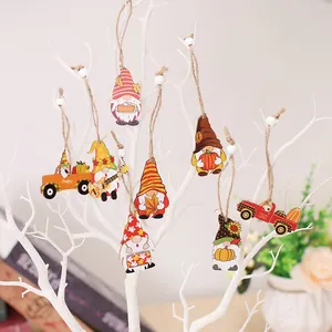 8Pcs Harvest Festival gnomes and pumpkin truck wood hanging ornaments for fall decor