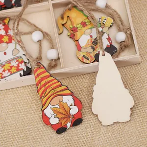 Hand-painted autumn gnome wooden pendants with hemp rope for Thanksgiving home decoration
