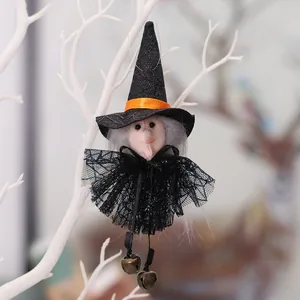 Halloween hanging witch doll with black lace dress, pointed hat, and metal bells