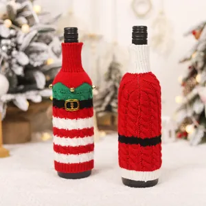 Christmas elf and Santa knitted wine bottle covers with belt and bell decorations