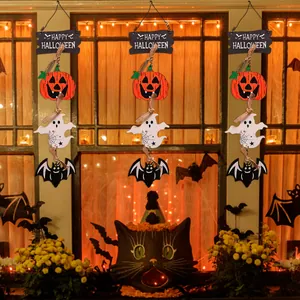 Halloween Holz-Dekoanhänger Set mit Kürbis Geist Fledermaus und Happy Halloween Schild