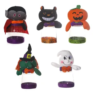 Five-piece Halloween candy jars with vampire, cat, pumpkin, witch and ghost plush figures