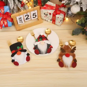 3-piece set of Christmas gnome cutlery holders with plush beards for holiday table decor