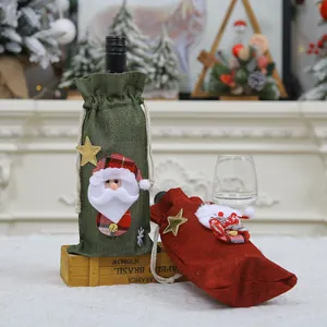 Christmas burlap wine bottle gift bags with 3D Santa Claus and snowflake embroidery