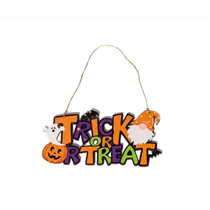Targa in legno Trick or Treat per Halloween con gnomo e zucca decorativa da casa