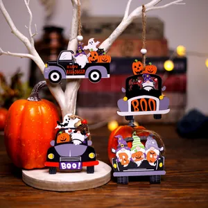 Set of 4 wooden Halloween ornaments featuring gnomes, pumpkins, and black cats on twine