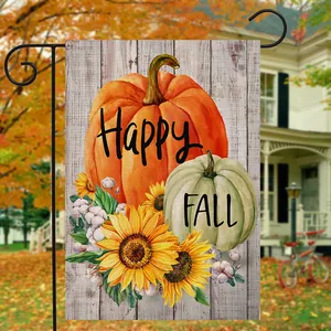 Detail of Happy Fall garden flag with pumpkins and sunflowers on a black metal stand