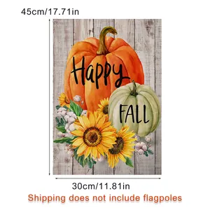 Harvest garden flag with Happy Fall text, pumpkins and sunflowers on wood background