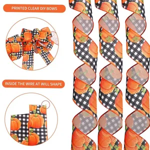 Detail of harvest pumpkin printed ribbon with wire edges for DIY bow shaping