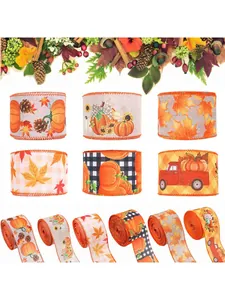 Detail of six autumn ribbons featuring pumpkins, maple leaves, and sunflowers on linen fabric