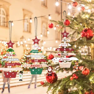Three-piece wooden Christmas tree hanging ornaments with star tops and festive greetings