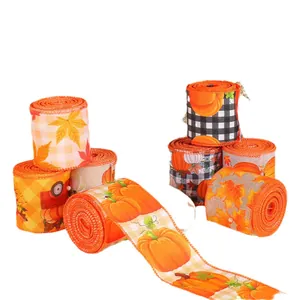 Harvest Festival burlap ribbons with pumpkin and maple leaf patterns for gift wrapping
