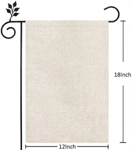 Detail view of 12x18 inch burlap garden flag with decorative black metal hanger stand