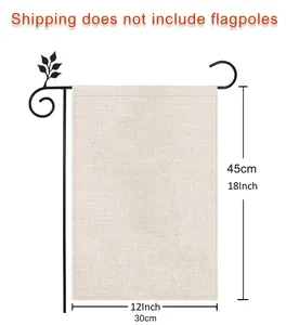 Garden flag size guide showing 12x18 inch dimensions with burlap texture and pole sleeve