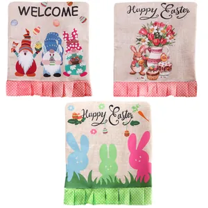 Easter chair covers with faceless gnome and bunny designs with polka dot ruffles