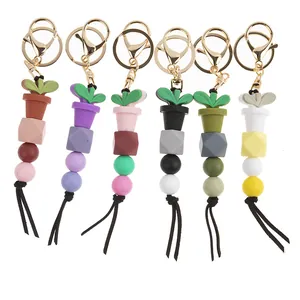 Süßer Silikon Perlen Schlüsselanhänger Topfpflanze Anhänger Mit Quaste Gold Metall Hummerverschluss Für Damen Taschen Cartoon Keyring