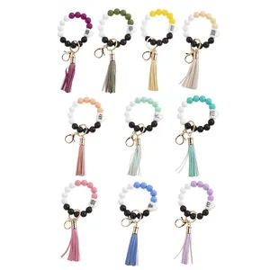 Silicone Beaded Keychain Bracelet For Women Tassel Coffee Cup Charm Inspirational Quotes Fashion Wristlet Jewelry Accessory