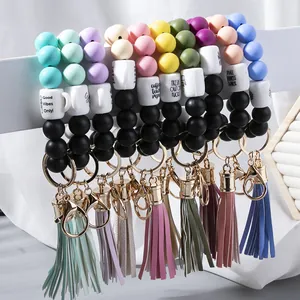 Colorful silicone bead keychain bracelet with leather tassel and coffee cup charm