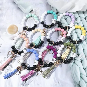 Silicone bead keychain bracelet with tassel and metal ring for women fashion wristlets