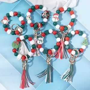 Christmas Silicone Bead Wristlet Keychain PU Leather Tassel Santa Snowman Tree Charms Festive Beaded Key Ring Women Gift