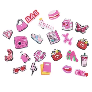 Pink PVC shoe charm set with camera and butterfly designs for garden clogs and sandals