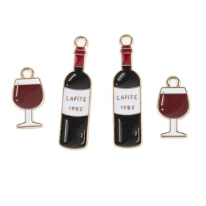 Golden red wine bottle and glass enamel charms with detailed engraving for jewelry making