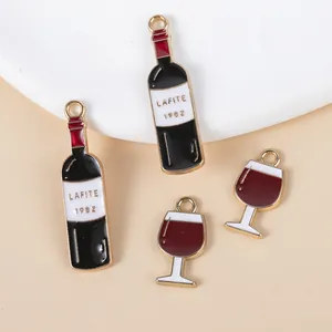 Chic red wine bottle and glass charms with gold plating for DIY jewelry making