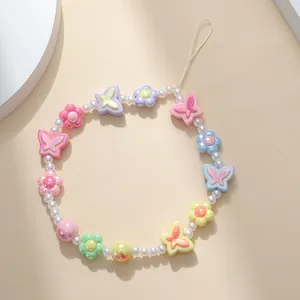Cordino per cellulare con perline colorate a farfalla e fiori in tonalità pastello